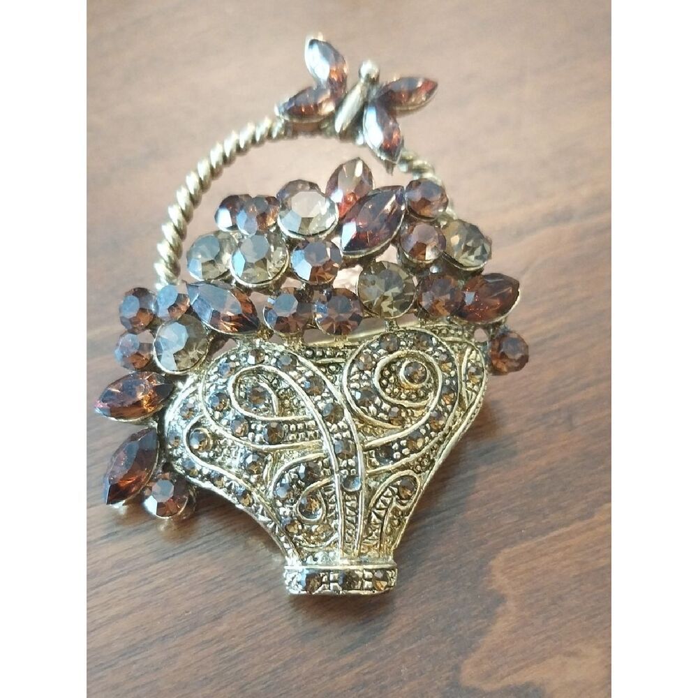 Vintage Brown Crystal Basket Brooch - Branded WM..EUC